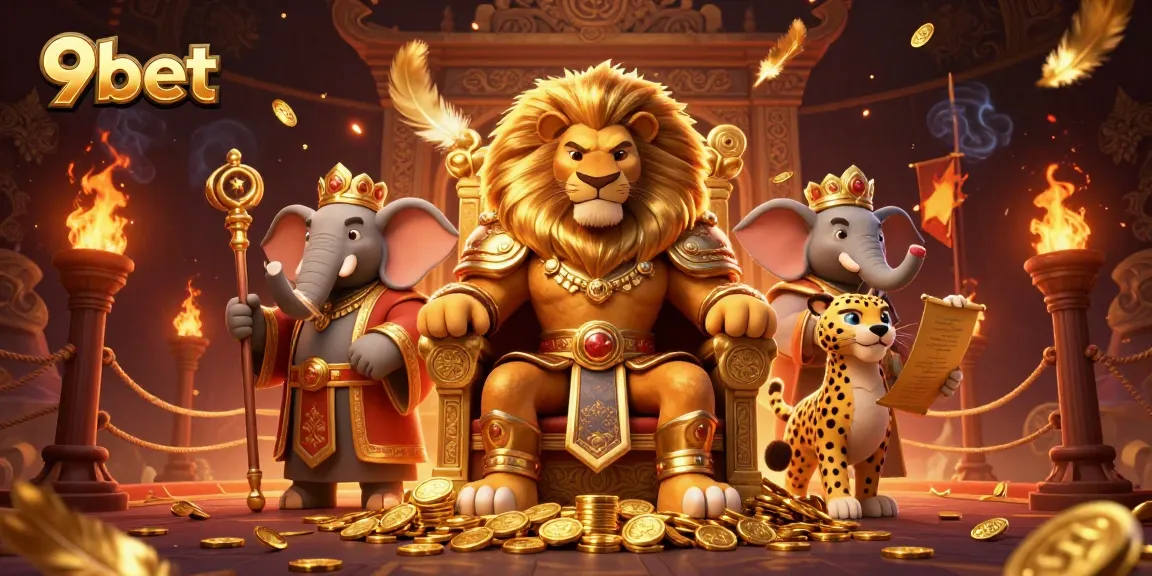 Experience the excitement of 9bet with the fierce lion king, vibrant casino elements, and rich illustrations.