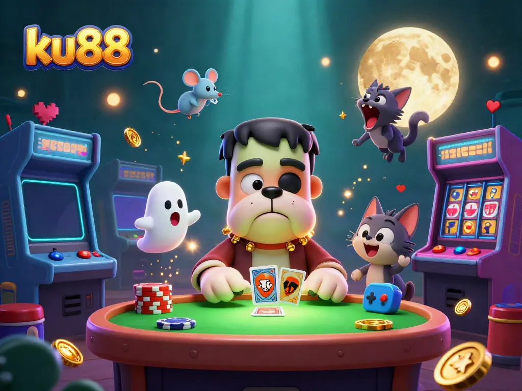 Engage in a thrilling card game with ku88's vibrant 3D illustration featuring a bulldog dealer and playful ghost.