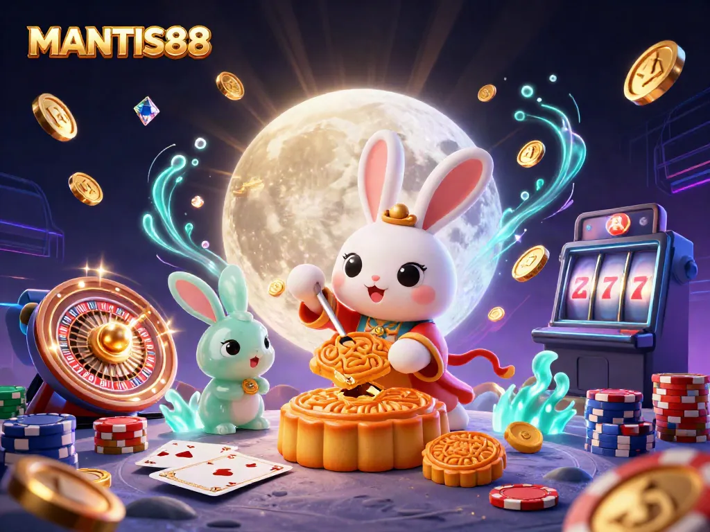 Experience MANTIS88's vibrant casino gaming world with a moon rabbit pounding mooncakes revealing poker chips.