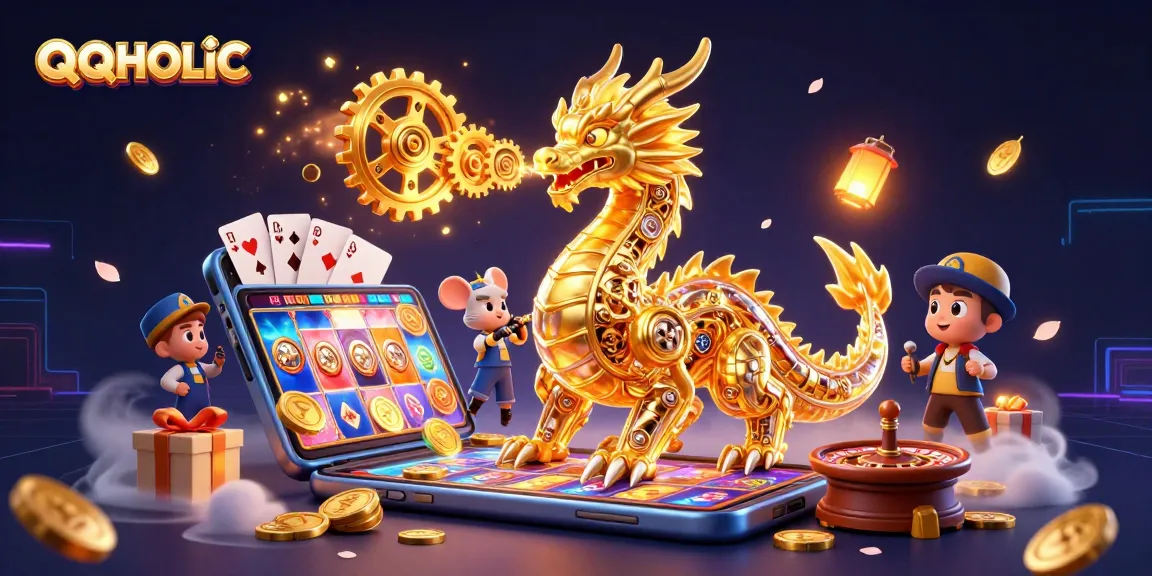 Engage with QQHOLIC's exciting gaming world featuring a dragon and animated casino elements.