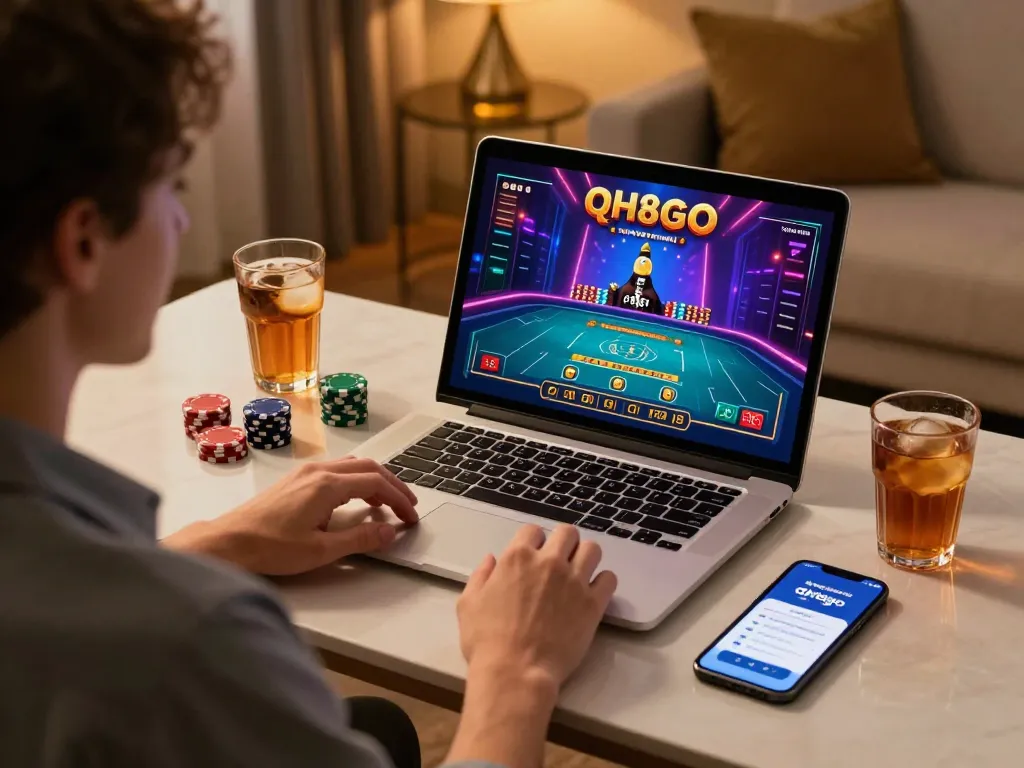 Engaging with qh88go app on laptop for live dealer game, showcasing vibrant online casino experience