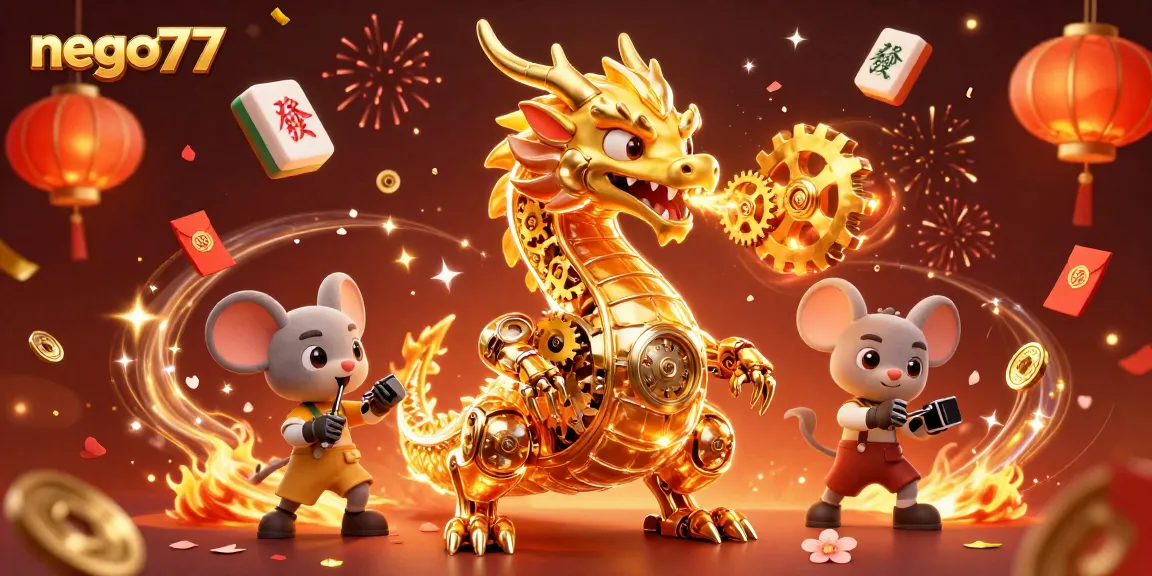 Elevate your gameplay with nego77, featuring a golden dragon amidst vibrant casino elements.