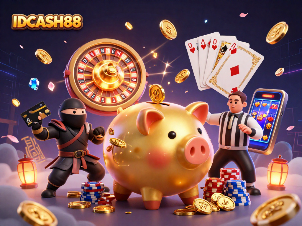 Play exciting games and win with IDCASH88, featuring a unique casino scene with a golden piggy bank.