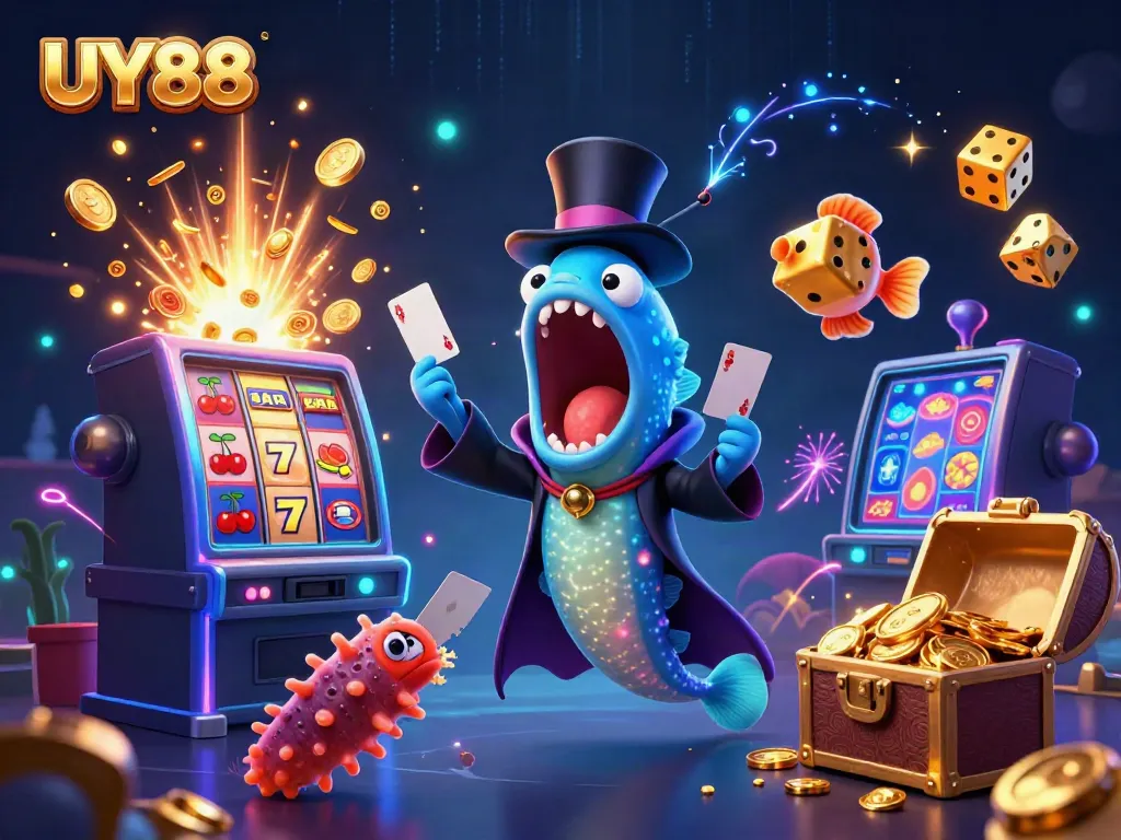 Experience exciting gameplay with UY88 in this vibrant casino-themed illustration filled with magical elements.