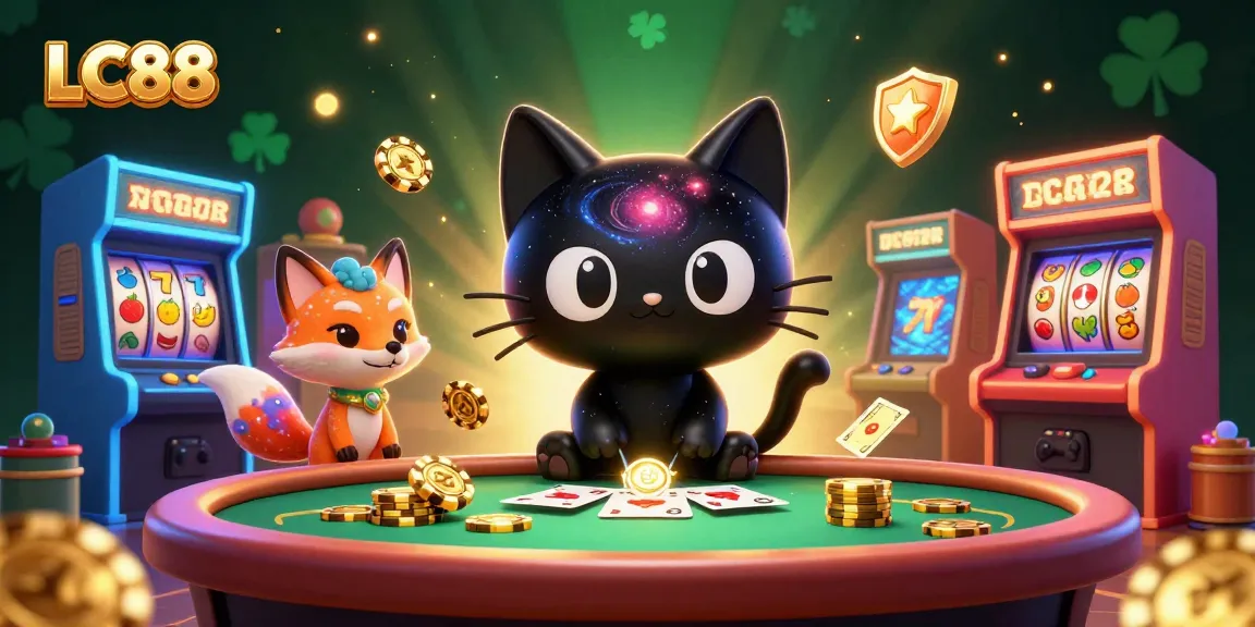 Experience the thrilling world of LC88 with a captivating cosmic casino scene featuring a black hole cat and colorful gaming elements.