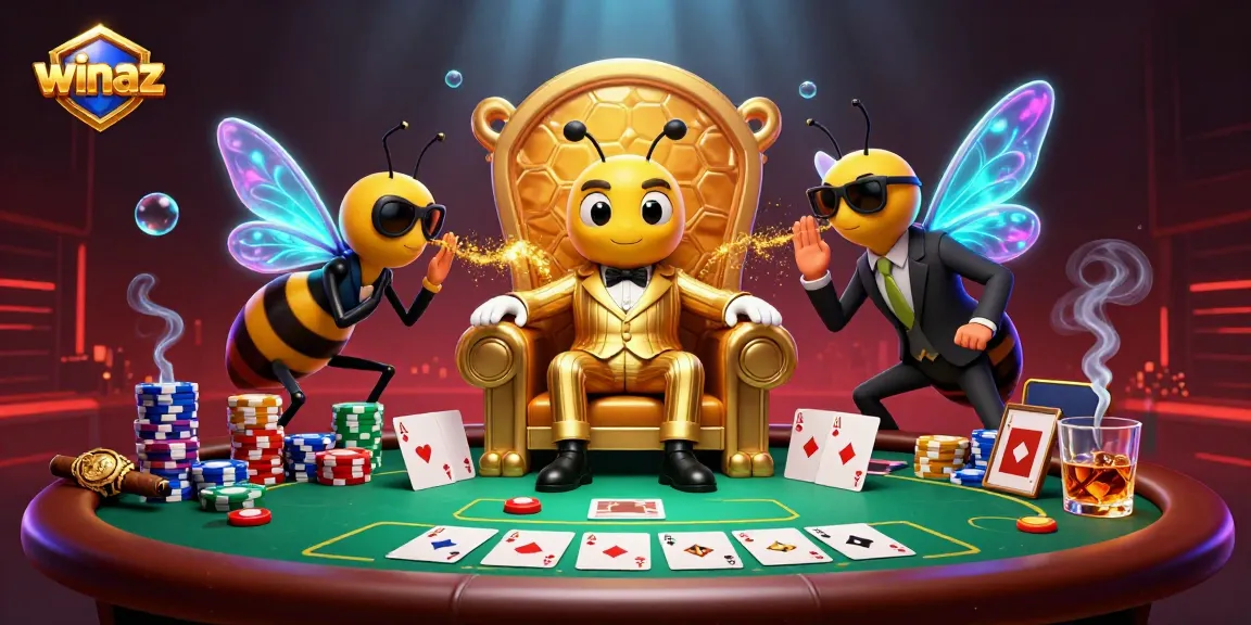 Winaz casino features a buzzing bumblebee mob boss overseeing poker games with vibrant casino elements.