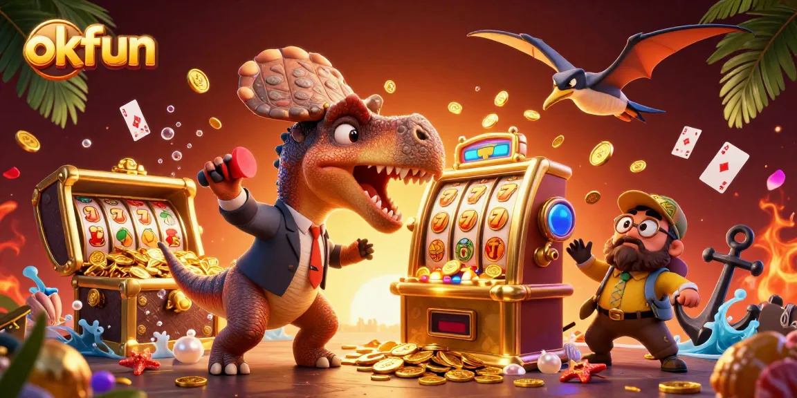 Spin the okfun slot machine as the pachycephalosaurus celebrates jackpot wins, amidst flying coins.