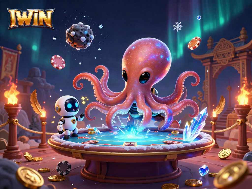 IWIN captures a vibrant poker scene with an alien octopus and robot amidst gold coins and game elements.