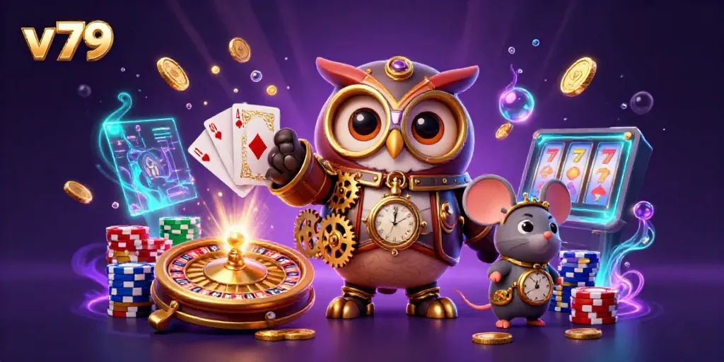 Experience excitement with v 79 as the time-traveler owl and companions dive into a vibrant casino scene.