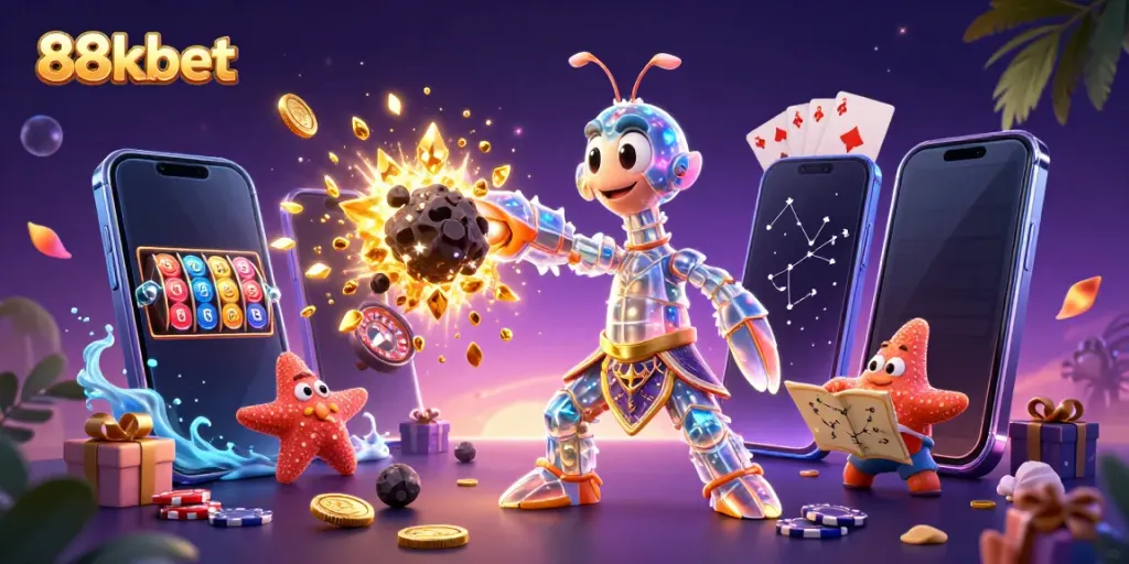 88kbet showcases an epic 3D illustration of a galactic samurai mantis shrimp conquering asteroids and winning riches.