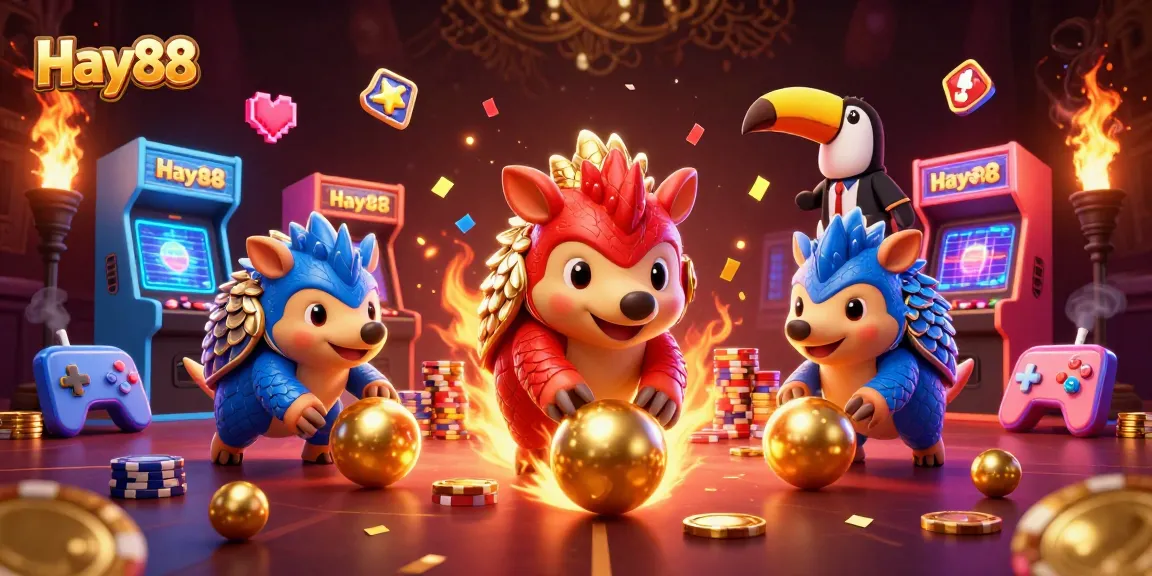 Hay88 pangolins compete with casino chips while a toucan referee oversees in a vibrant gaming scene.