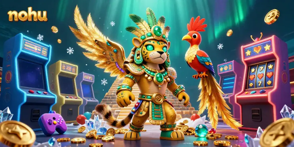NoHu casino scene featuring a vibrant Mayan jaguar priest and quetzal bird amidst colorful gaming elements.