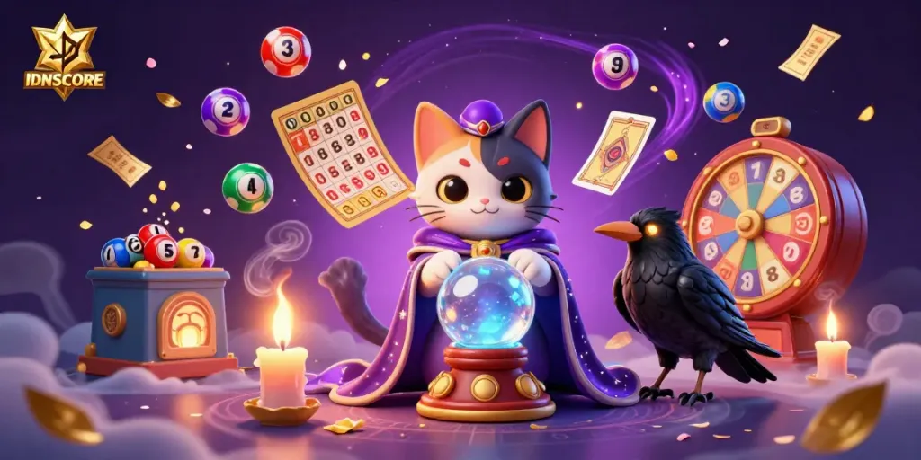 Engage with IDNSCORE through a magical scene of fortune, featuring a cartoon mystic cat and vibrant gambling elements.