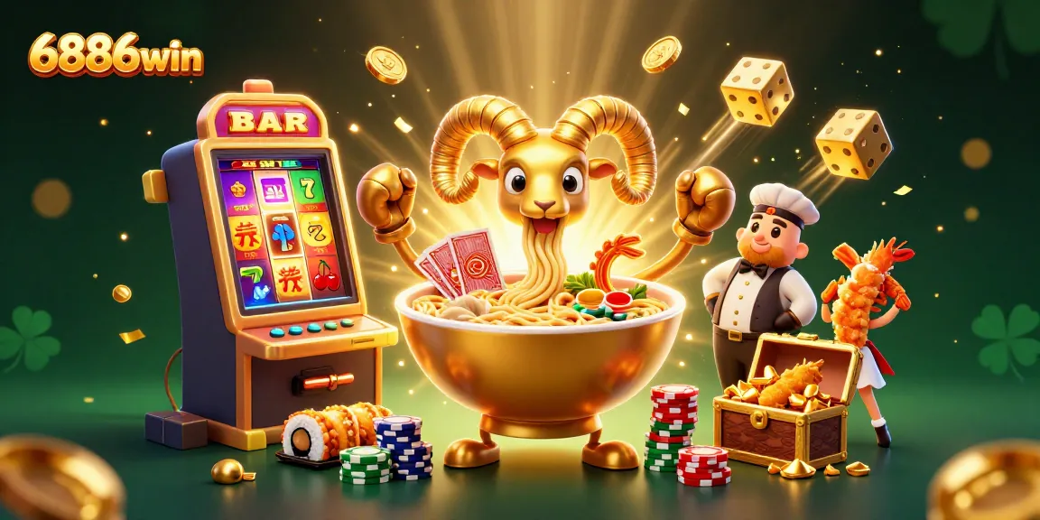 Engage in thrilling 6886win action with a vibrant 3D illustration of casino characters and game elements.