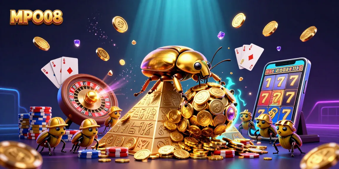 Experience the rich gameplay of MPO08 with a golden dung beetle rolling coins, augmented by vibrant casino elements.