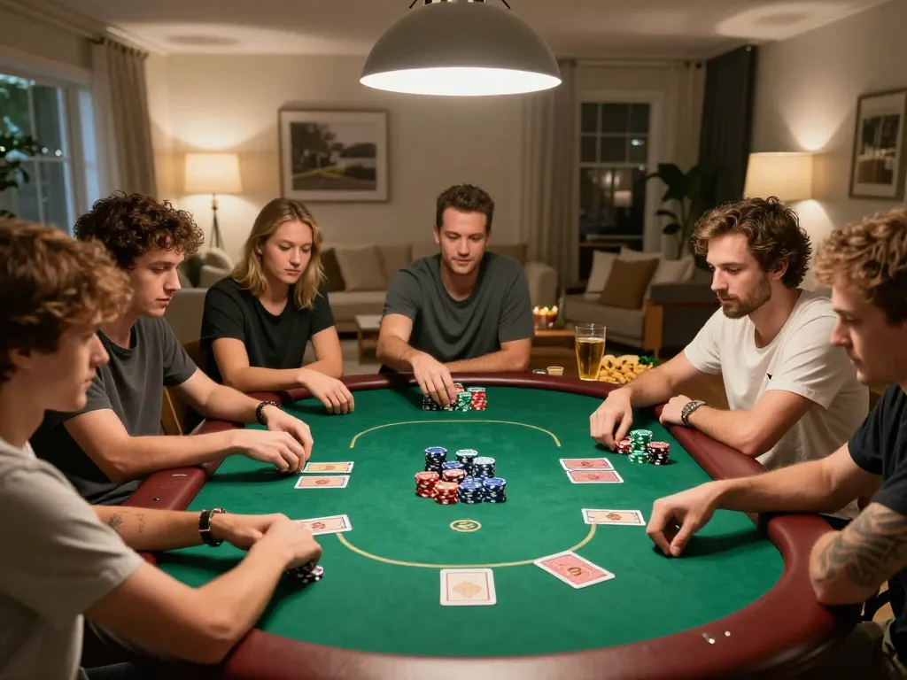 Friends play poker at home while enjoying drinks and snacks during an exciting 78win gaming night