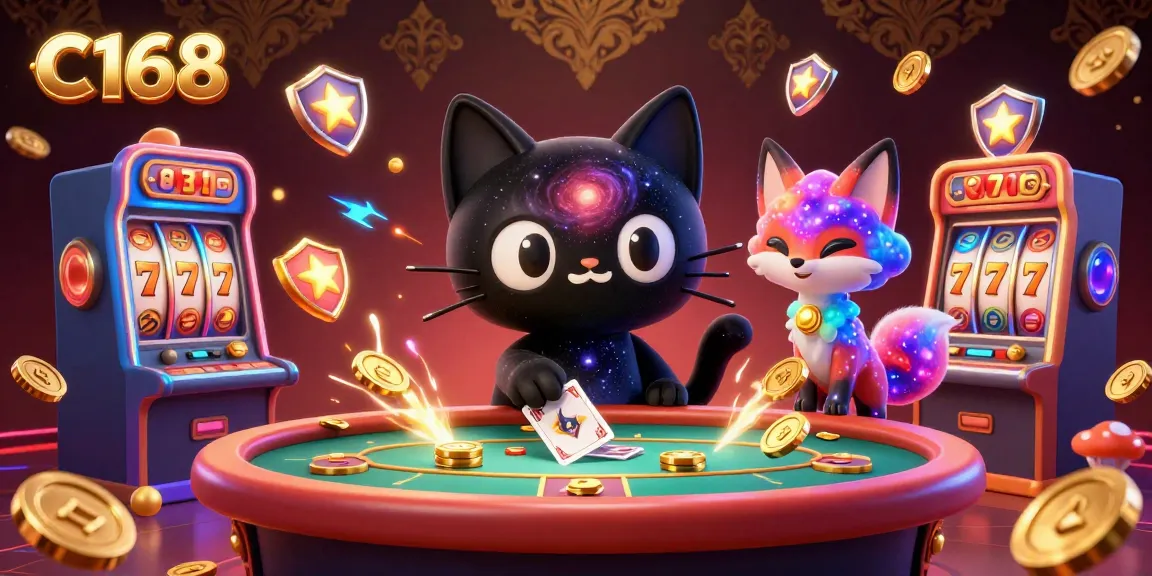 C168 players experience cosmic wins at a vibrant casino with golden chips and colorful slot machines.