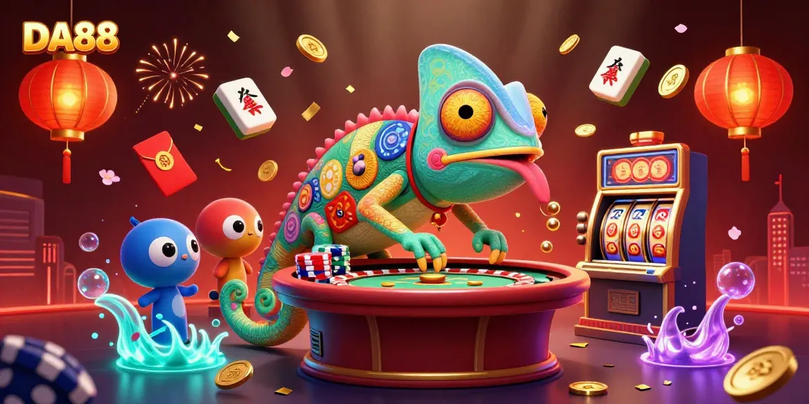 Engage with DA88's vibrant casino atmosphere featuring a chameleon character amidst lively gaming elements.