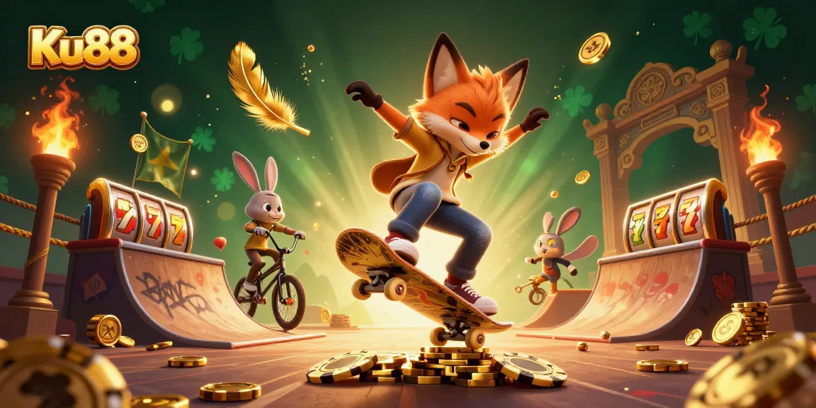 Engage with Ku88's vibrant 3D casino adventure featuring a skateboarder fox and BMX rabbit.