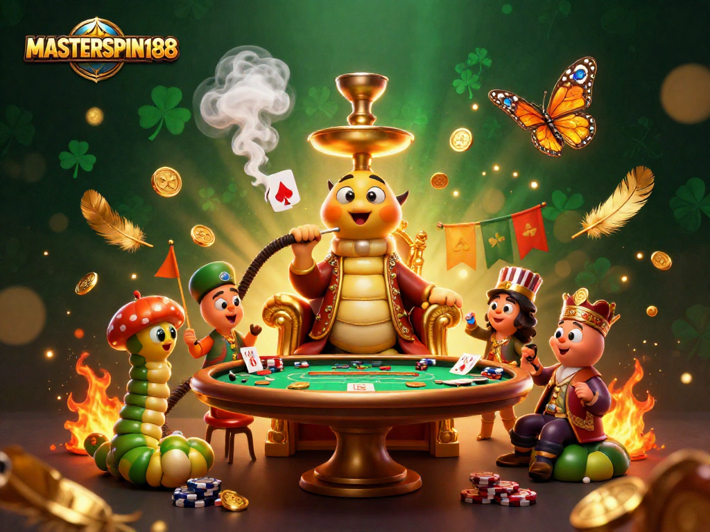 Experience the vibrant gambling world of MASTERSPIN188 with dynamic poker elements and captivating 3D characters.