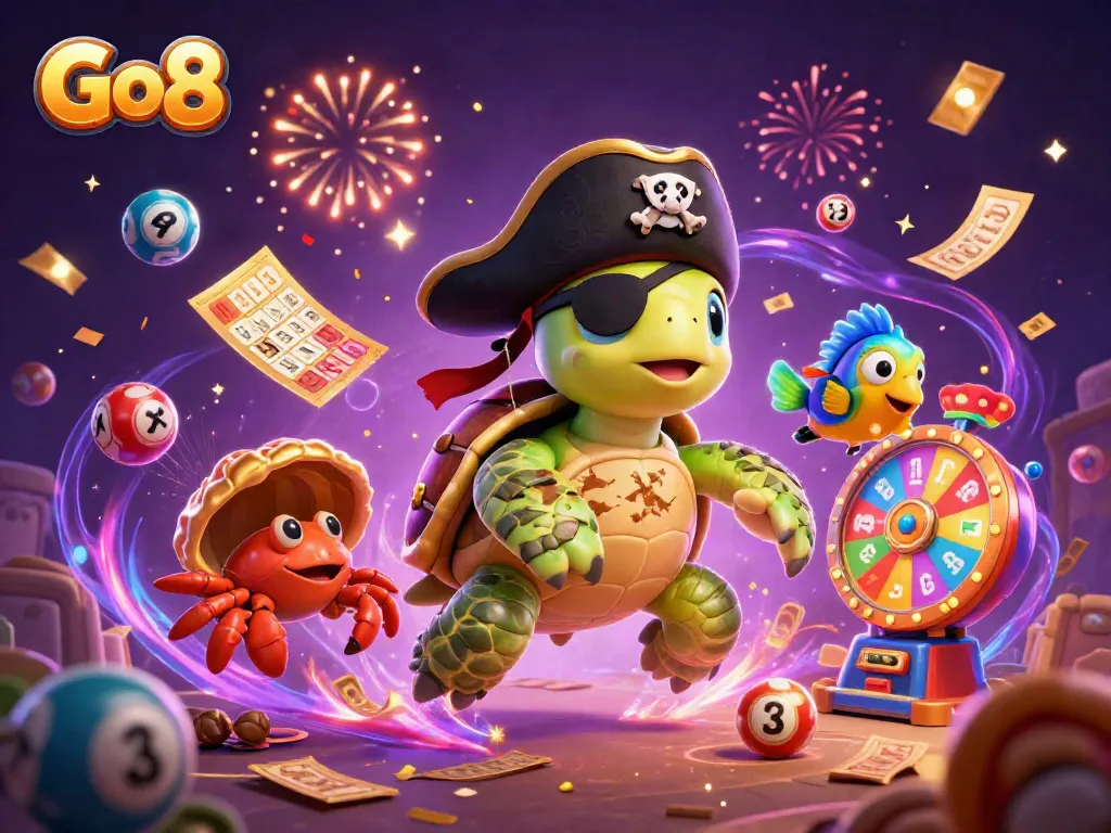 Engage in Go8's dynamic gambling world featuring vibrant lottery elements and casino characters.
