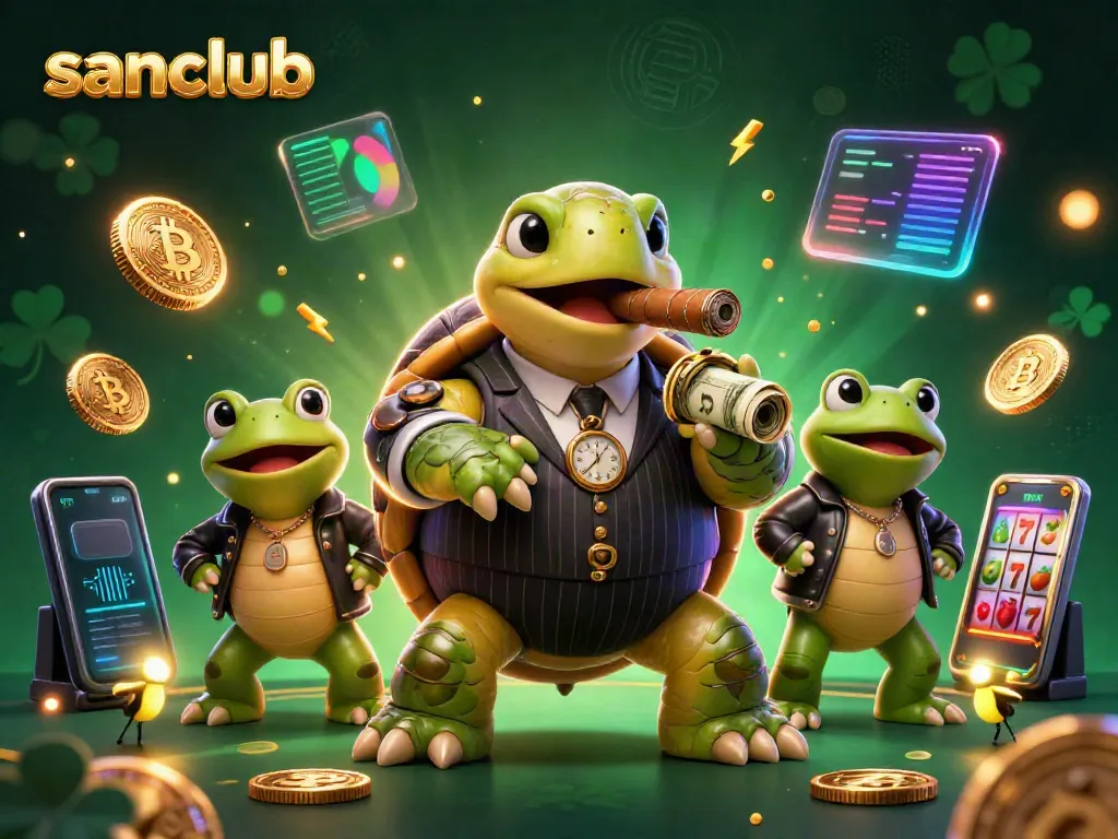 Experience thrilling action at sanclub with a vibrant casino scene featuring characters and crypto elements