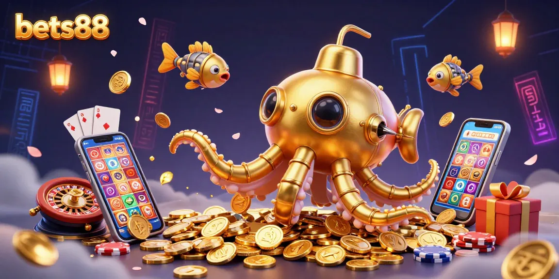 Bets88 offers thrilling gaming action with a golden kraken submarine emerging from coins alongside vibrant slot game elements.