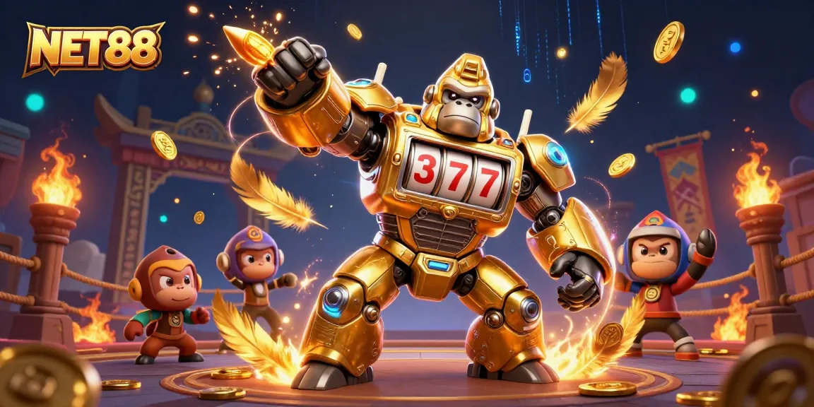 NET88 gambling scene showcasing a golden gorilla mech with winning jackpots and exciting features.