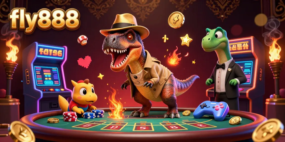 Experience thrilling gameplay with fly888 as our velociraptor card counter navigates the casino floor, surrounded by colorful game elements.