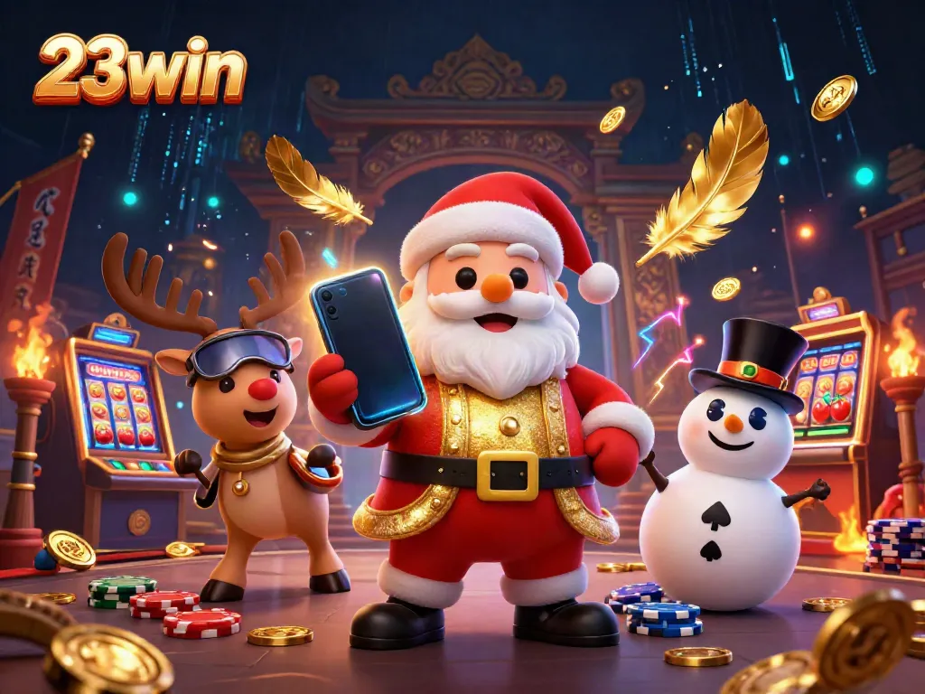 Experience thrilling wins with 23win as Santa Claus and friends celebrate jackpot slots in a vibrant casino scene.