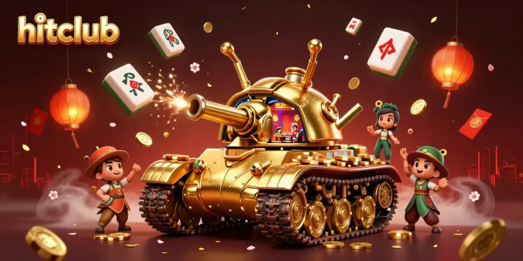 Experience the vibrant hitclub casino scene featuring a golden beetle tank revealing a miniature casino with festive elements.