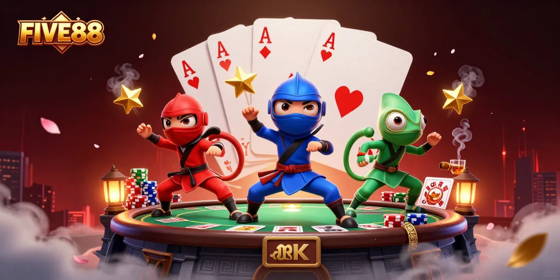 Engage with FIVE88's vibrant poker scene featuring ninja chameleons showcasing dynamic martial arts.