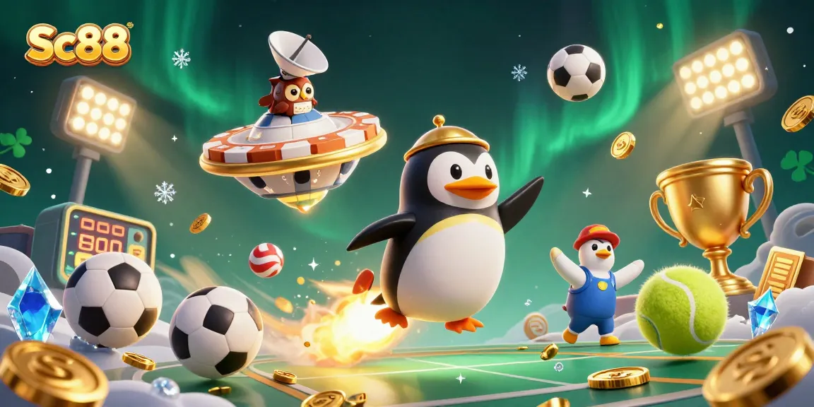 Engage with Sc88, a vibrant casino world where a penguin zooms towards a poker chip station amid dynamic sports elements.