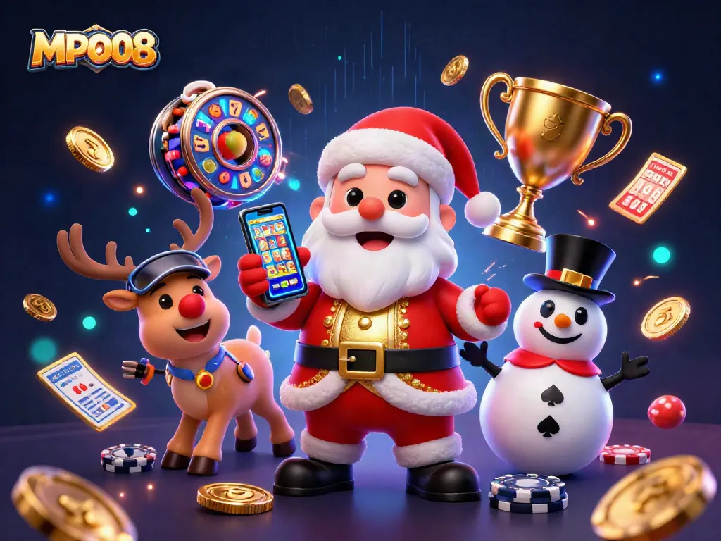 Play exciting slots with MPO08 featuring Santa Claus, a dealer reindeer, and a poker chip snowman.