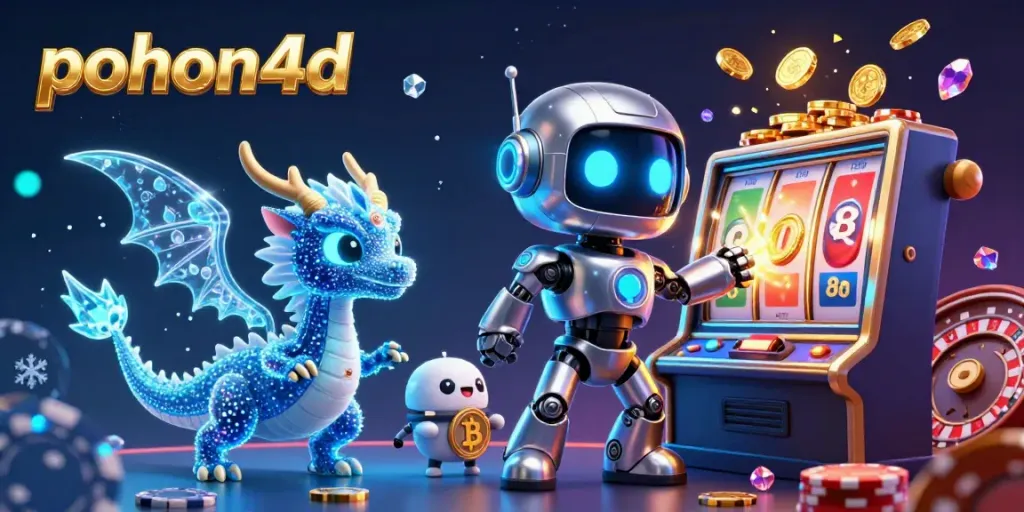Pohon4d robot mascot celebrates winnings at a vibrant casino scene with slot machines and neon effects.
