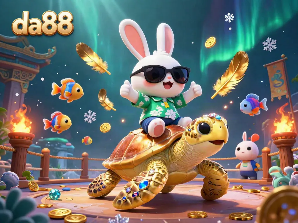 Engage with da88's online casino world through this vibrant scene showcasing a lucky rabbit and golden turtle amidst gambling elements.