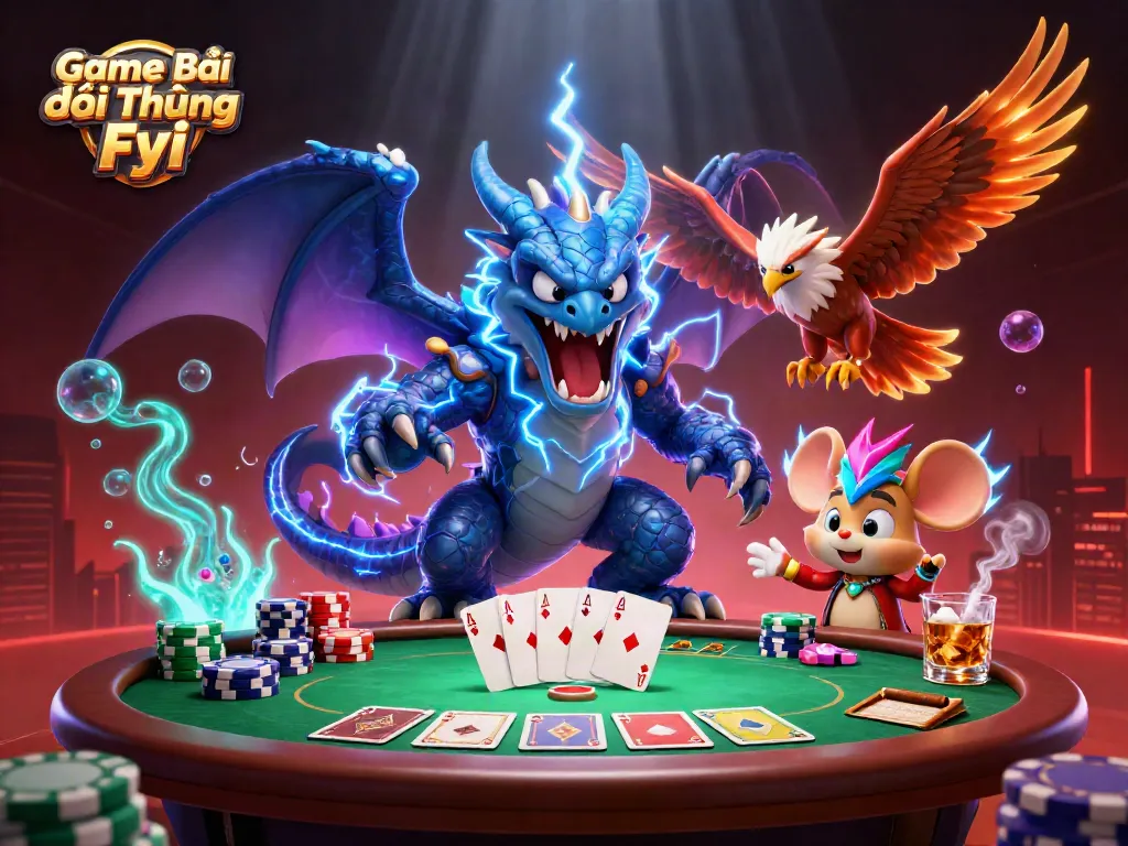Playing poker and winning with Game Bài Đổi Thưởng Fyi in a dynamic illustration featuring energetic characters.