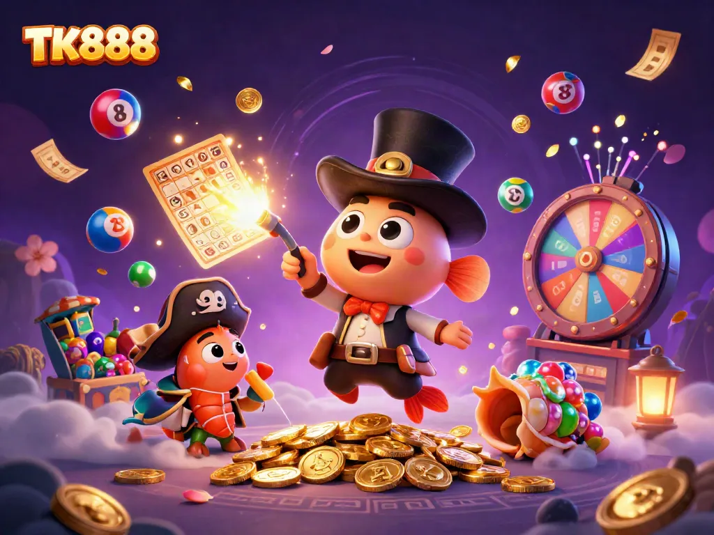 Engage in thrilling fun at TK888 with a vibrant 3D casino scene depicting winning moments and excitement.