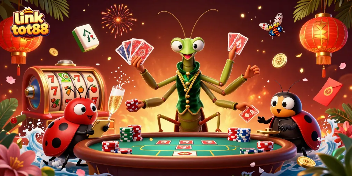 Engage in thrilling gameplay at link tot88, featuring a colorful casino scene filled with card games and vibrant slot reels.