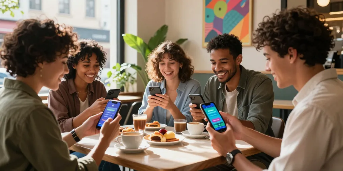 Users engaging with the KO66 app in a vibrant café, showcasing excitement and community.
