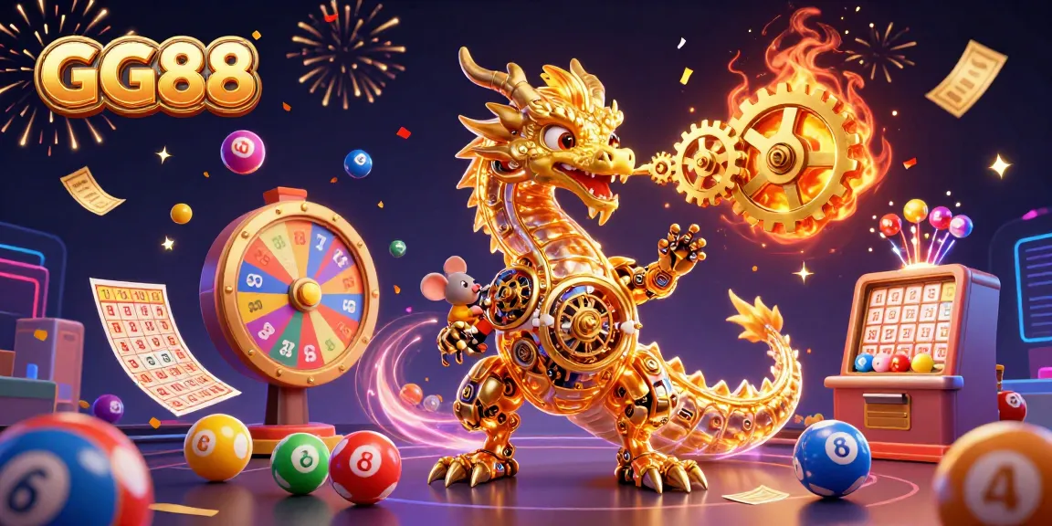 Experience thrilling wins at GG88 with a dynamic 3D casino scene featuring vibrant games, golden gear effects, and lifelike characters.