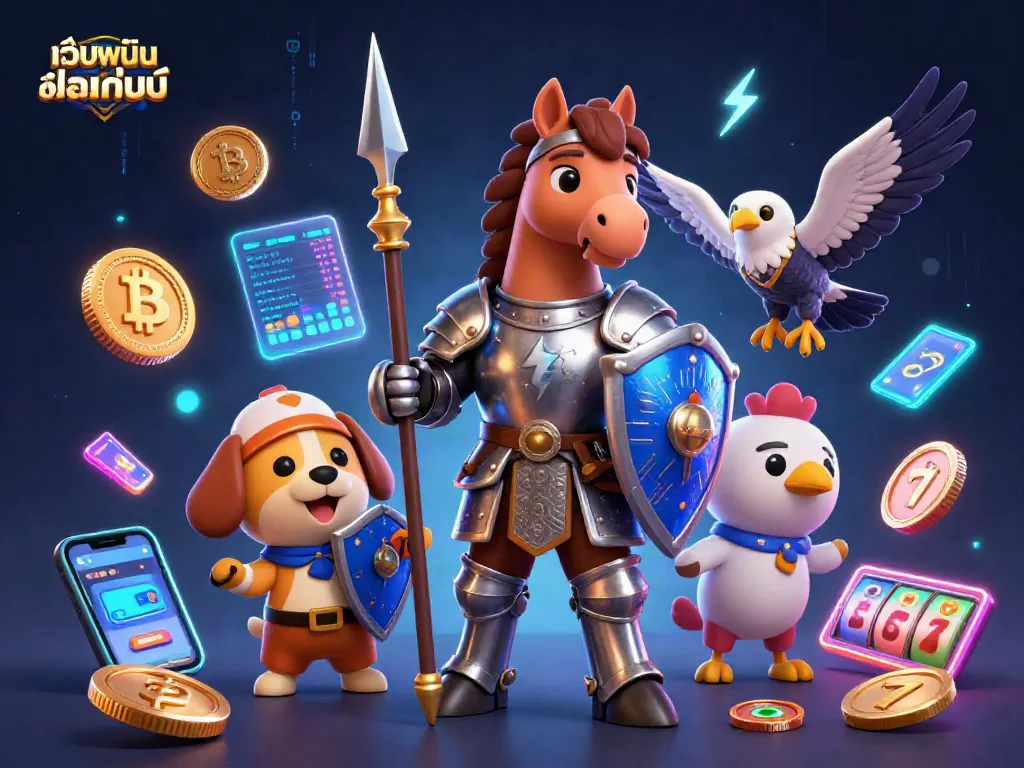 เกมการ์ตูน 3 มิติที่แสดงถึง เว็บพนันออนไลน์ พร้อมเหรียญคริปโตและสล็อต