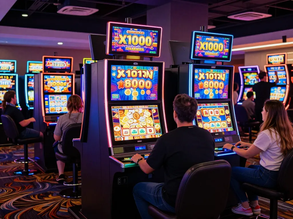 Players enjoying a lively Slot x1000 gaming experience at the casino with vibrant machines and excitement