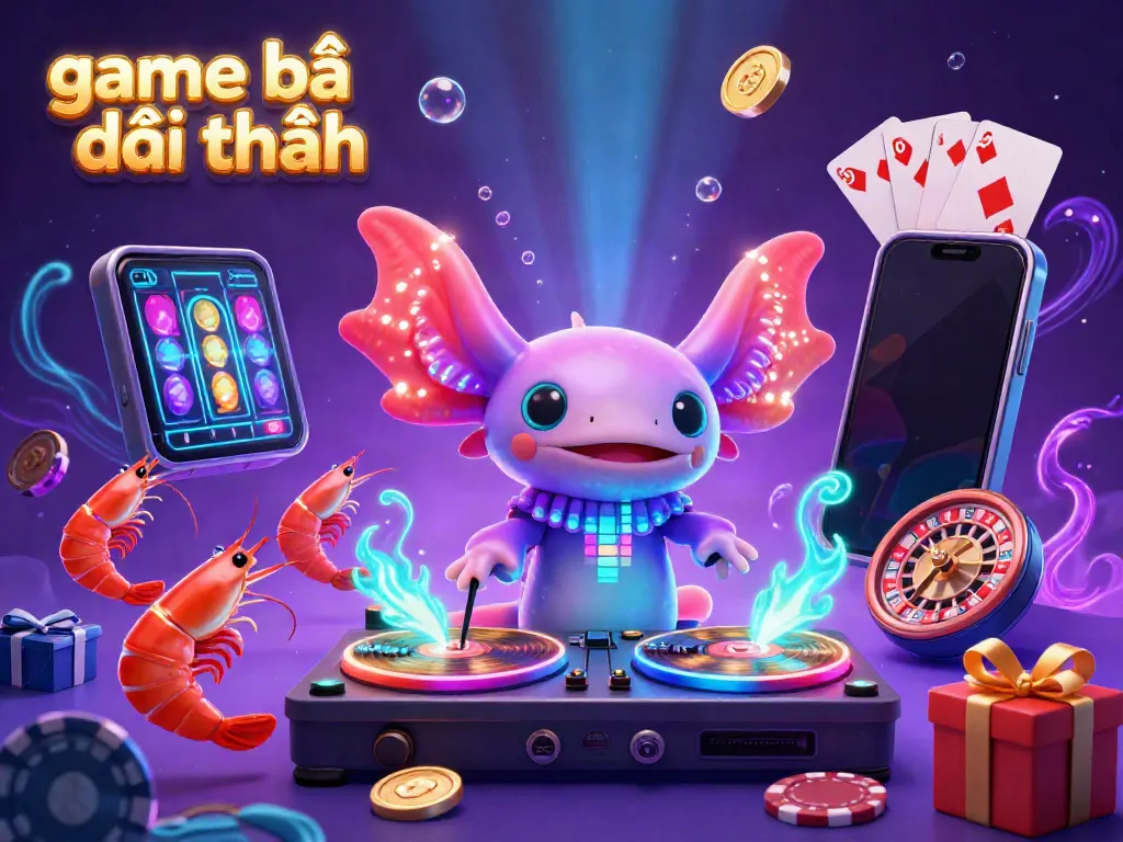 Engage in thrilling game bài đổi thưởng with a vibrant axolotl DJ and dynamic gaming elements.