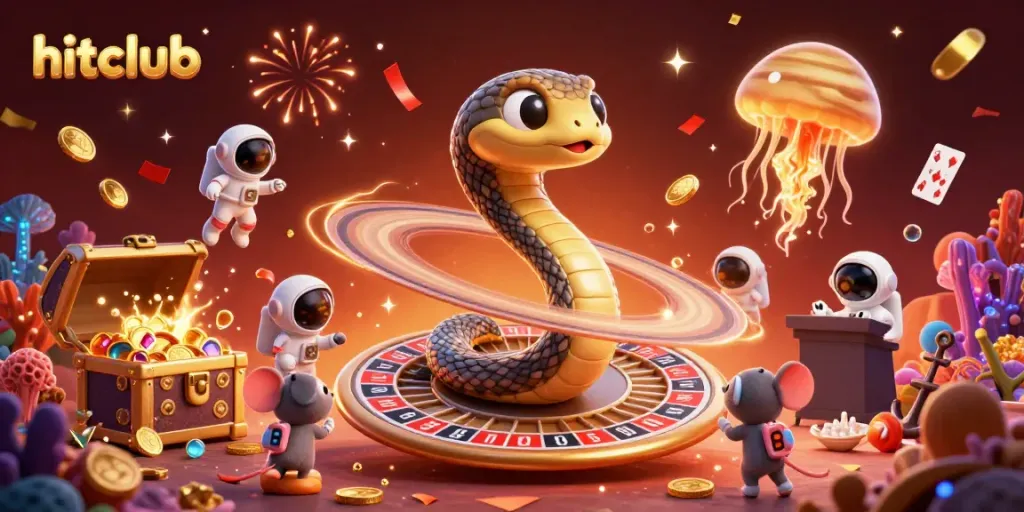 Experience the excitement of hitclub with cartoon characters betting on a cosmic roulette snake.