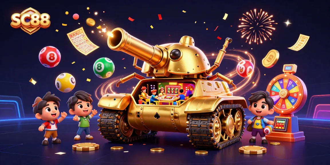 Win with SC88 as the golden beetle tank reveals a mini casino amid confetti and lottery excitement.
