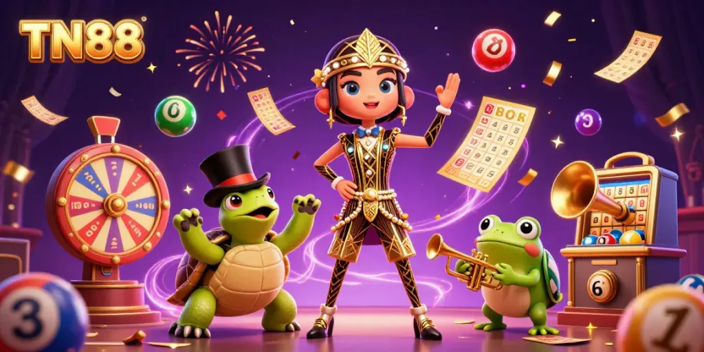 Experience the vibrant excitement of TN88 with colorful lottery elements and animated characters in a lively casino setting.