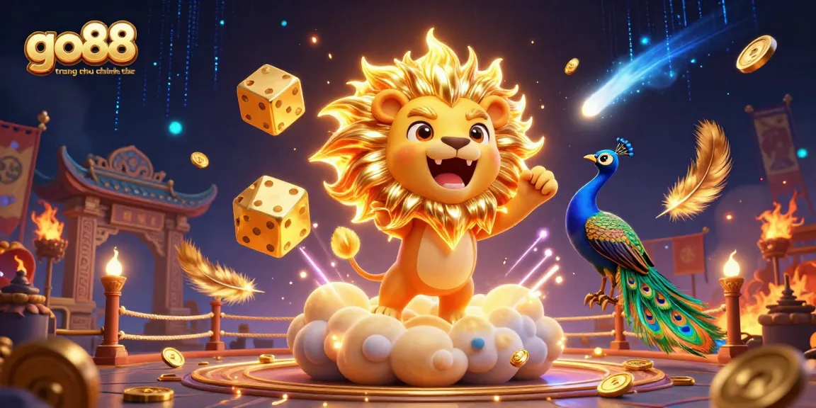 Engage with go88 trang chu chinh thuc through this vibrant casino scene featuring a roaring lion and golden dice.