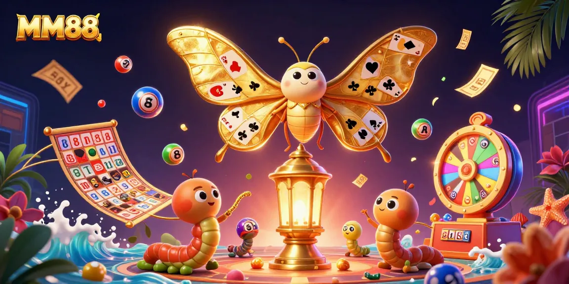 Experience the thrills of MM88 with a vibrant 3D illustration of lively casino elements.