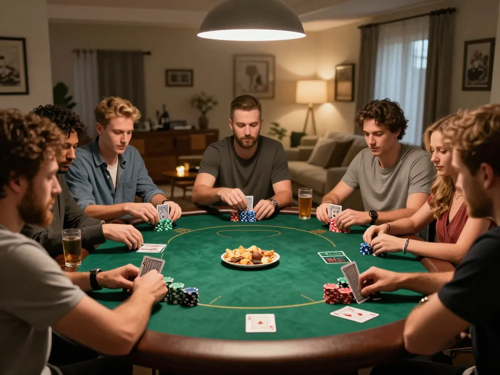 Friends enjoying an engaging poker night at home, showcasing their strategic gameplay with bong99 style chips and cards.